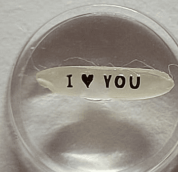 Micro Art. I LOVE YOU on a grain of rice. Micro miniature.