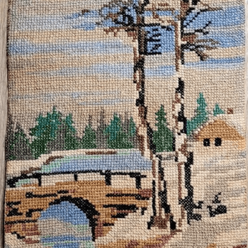Night village. Antique embroidery
